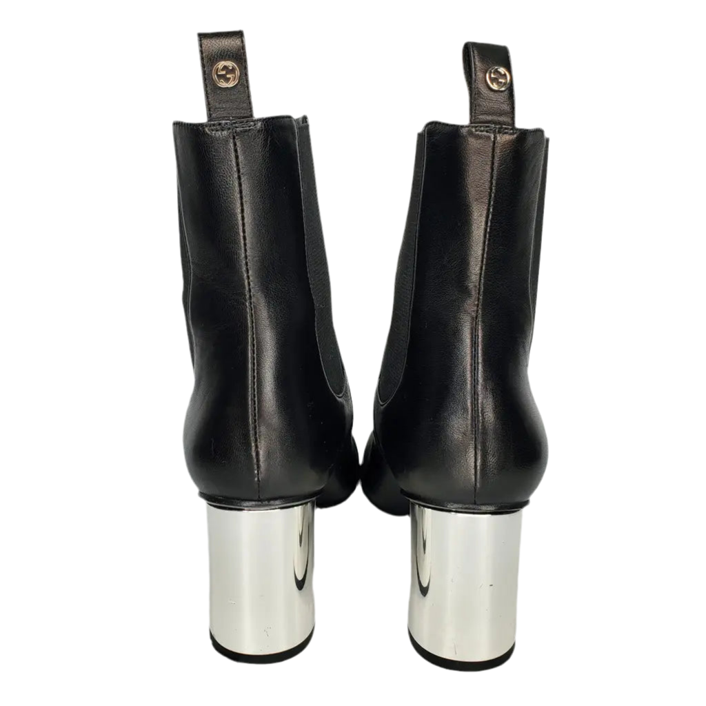 Gucci Leather Mirrored Block Heel Ankle Booties Boots, size 38.5