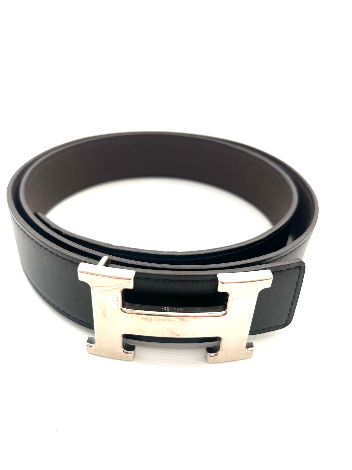 HERMES BLACK/BROWN REVERSIBLE LEATHER SILVER H BELT