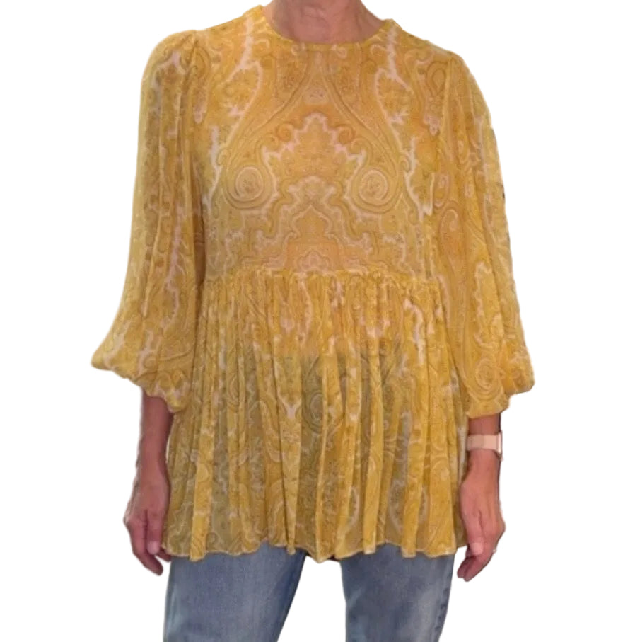ZIMMERMANN YELLOW PAISLEY SHEER SILK BABYDOLL TOP SIZE 2