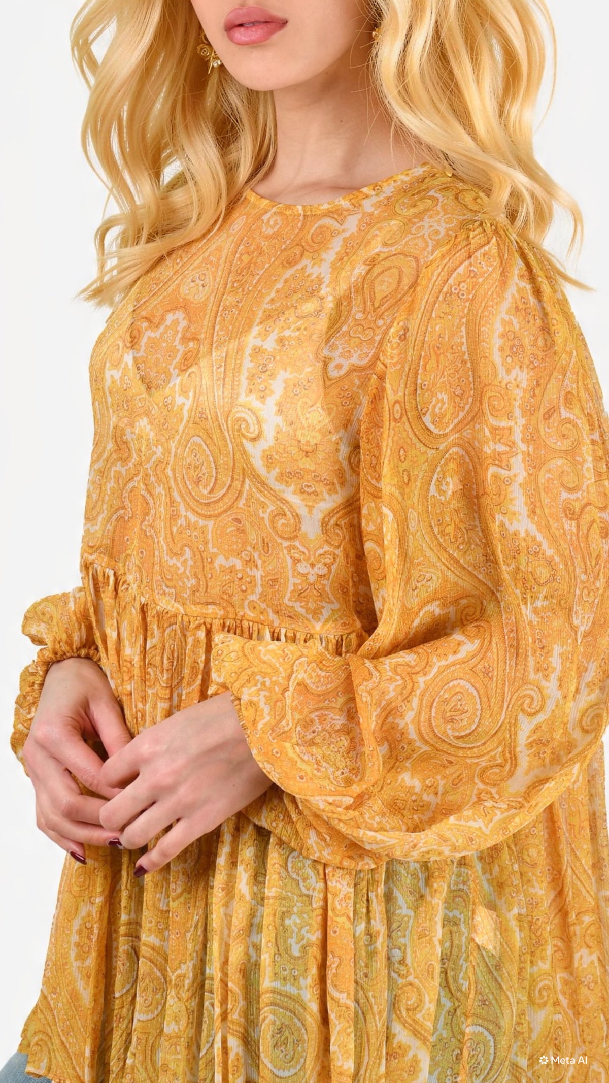 ZIMMERMANN YELLOW PAISLEY SHEER SILK BABYDOLL TOP SIZE 2