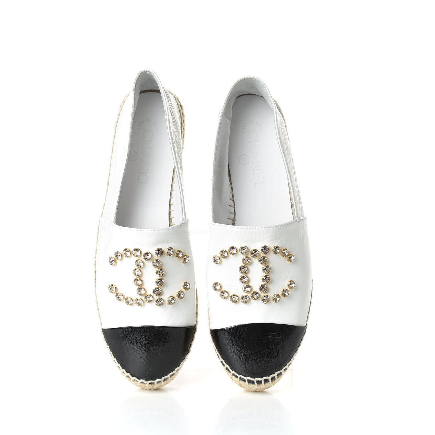 CHANEL Patent Calfskin Crystal CC Espadrilles White Black, Size 36.5