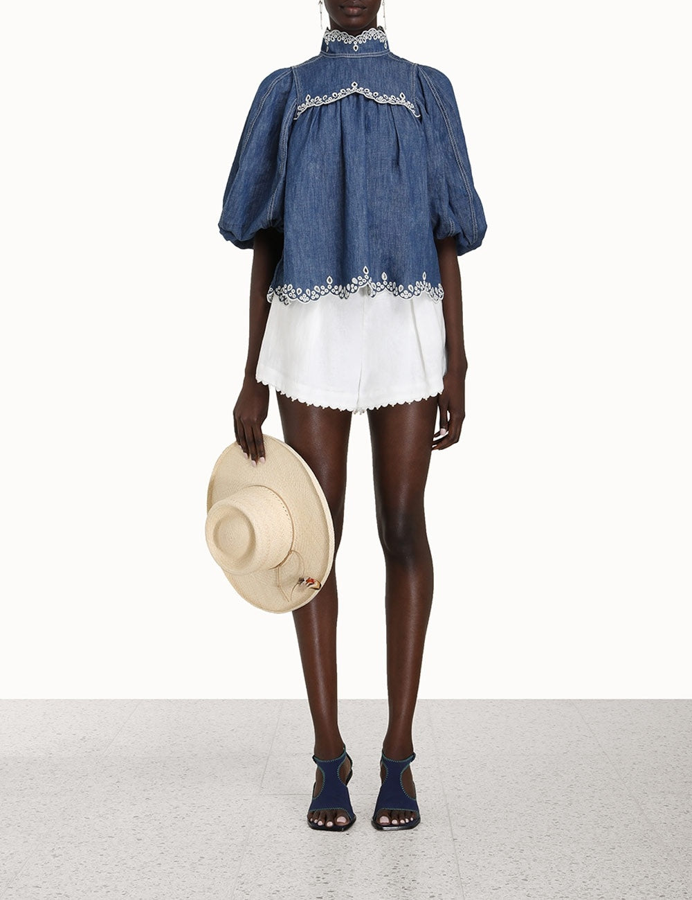 ZIMMERMANN NWT Laurel scallop denim embroidery blouse, SIZE AU 2 (MEDIUM)