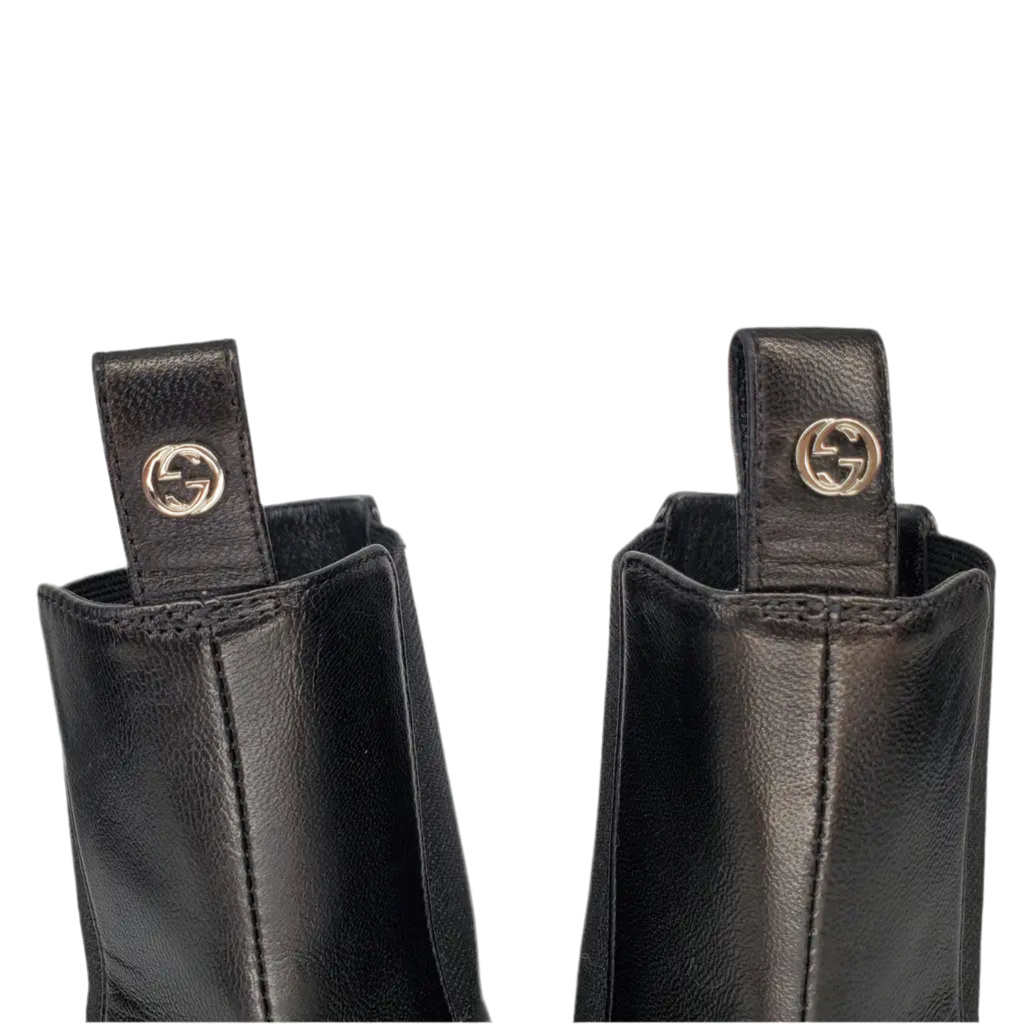 Gucci Leather Mirrored Block Heel Ankle Booties Boots, size 38.5