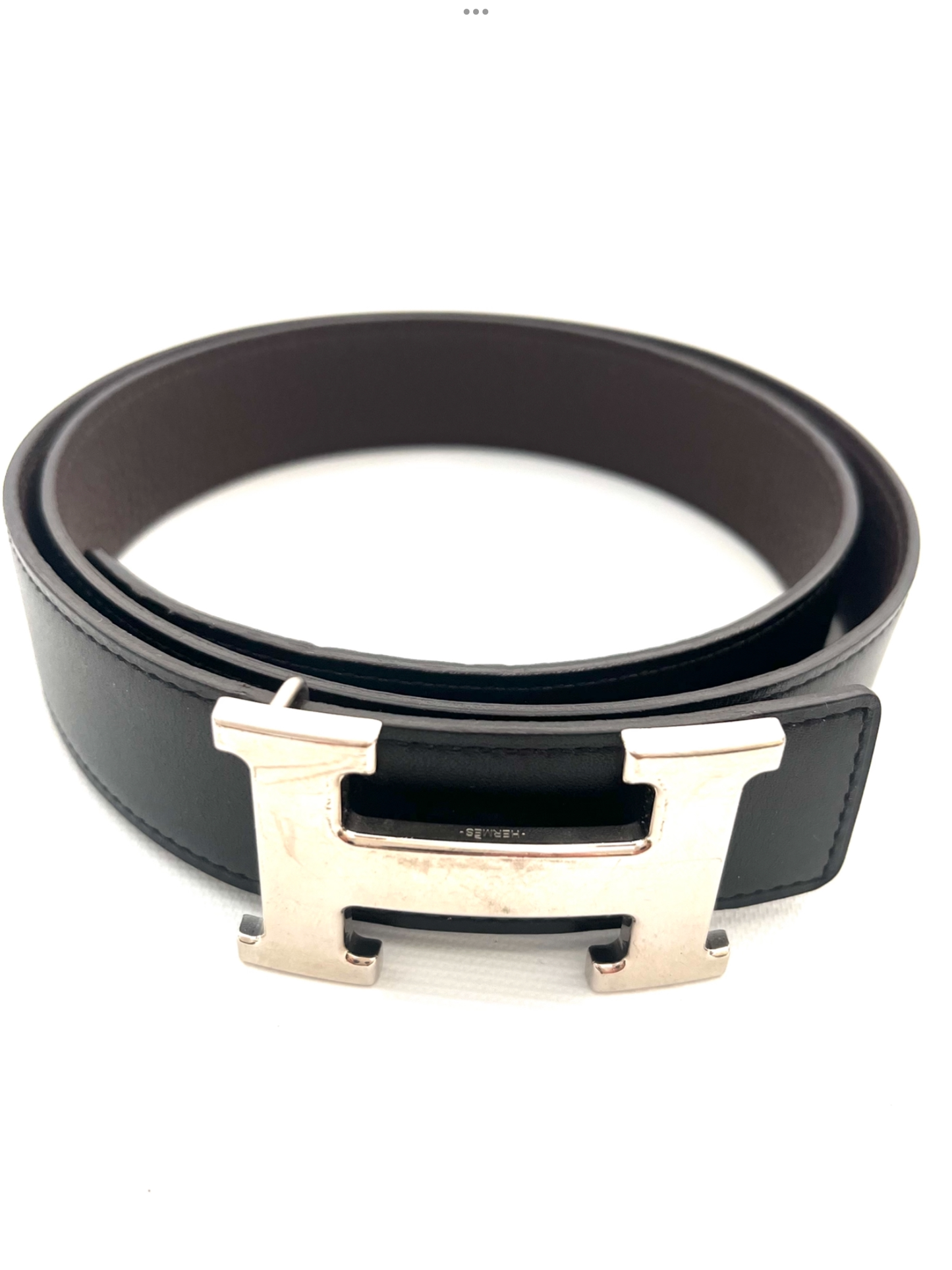 HERMES BLACK/BROWN REVERSIBLE LEATHER SILVER H BELT