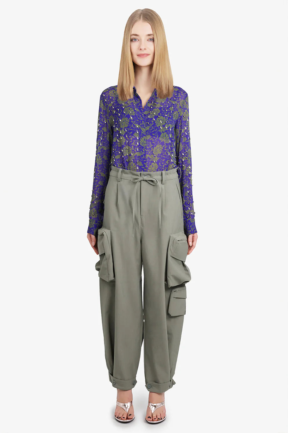Y-3 WIDE LEG COTTON CARGO PANTS | STONE GREEN, SMALL FITS LIKE MEDIUM