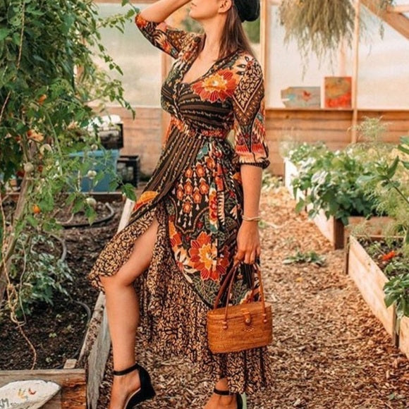 Farm Rio for Anthropologie Amorina Wrap Tropical Floral Maxi Dress, XSMALL