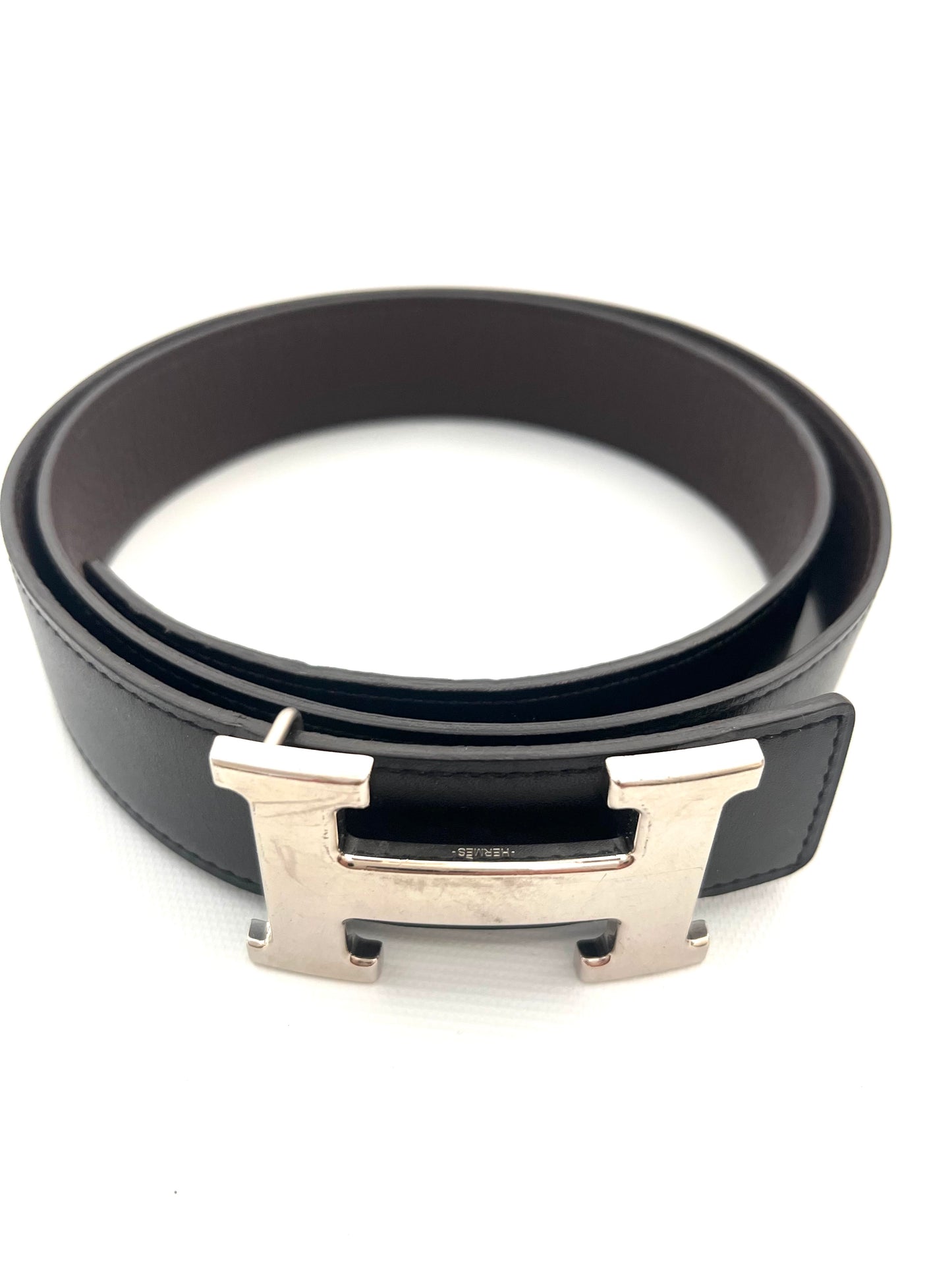 HERMES BLACK/BROWN REVERSIBLE LEATHER SILVER H BELT