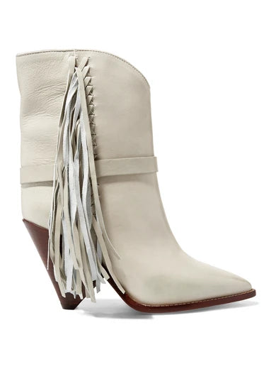 ISABEL MARANT Loffen Fringed Leather Ankle Boots In White, Size 37