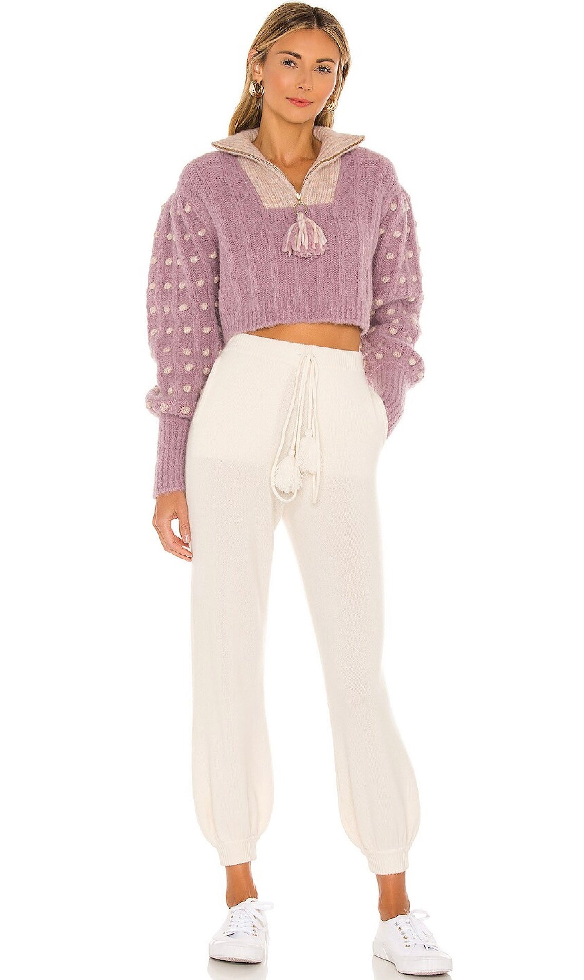 LoveShackFancy Jonae Cropped Mock Zip-Up Sweater, Small