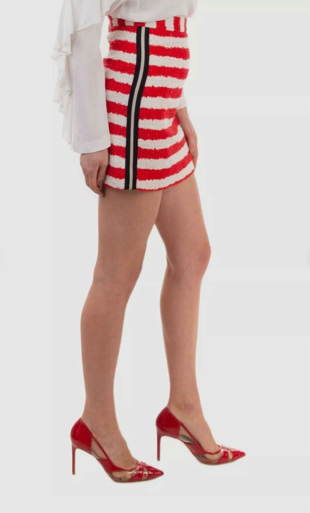 MSGM Mini Trapeze Tweed Cotton Skirt Red Black White, Size 44