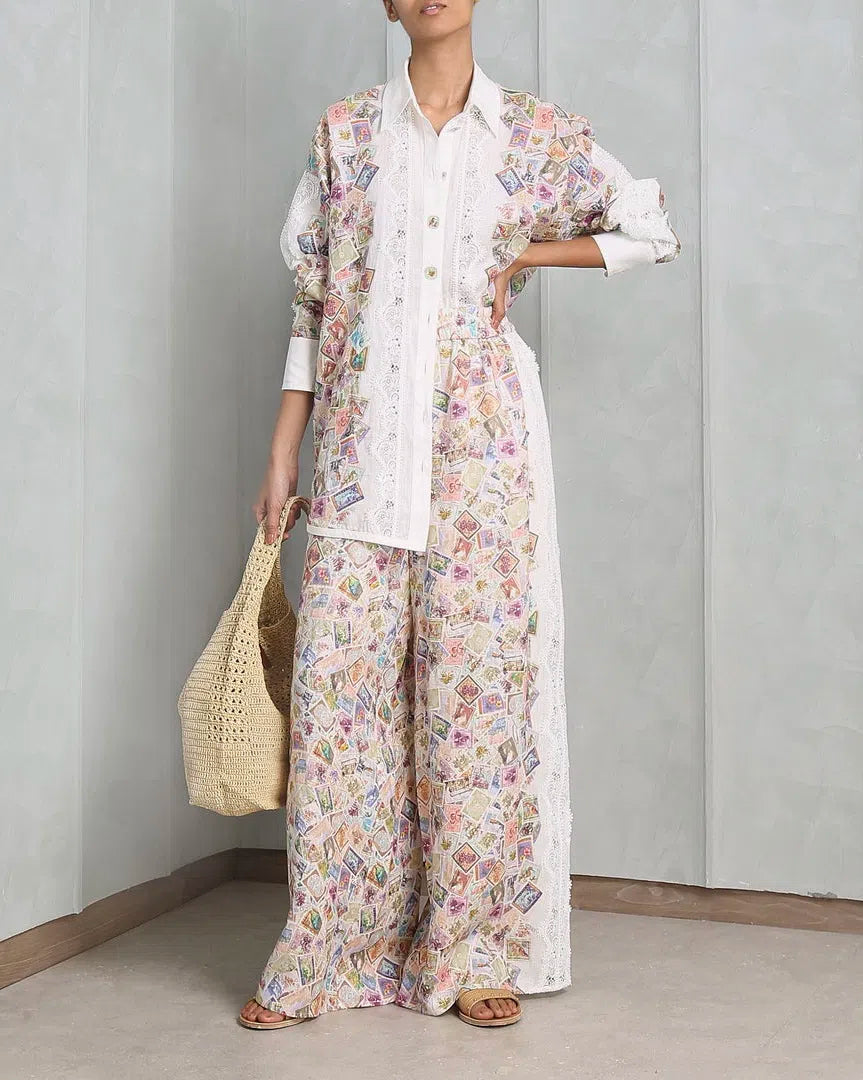 ZIMMERMANN HIGH TIDE RELAXED SHIRT & DRAWSTRING PANTS SET PRINT, SIZE 1
