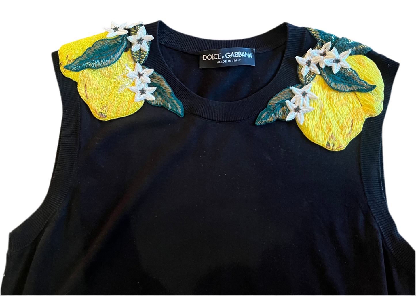 DOLCE & GABBANA Black silk with lemon appliqué sleeveless sweater, size 42