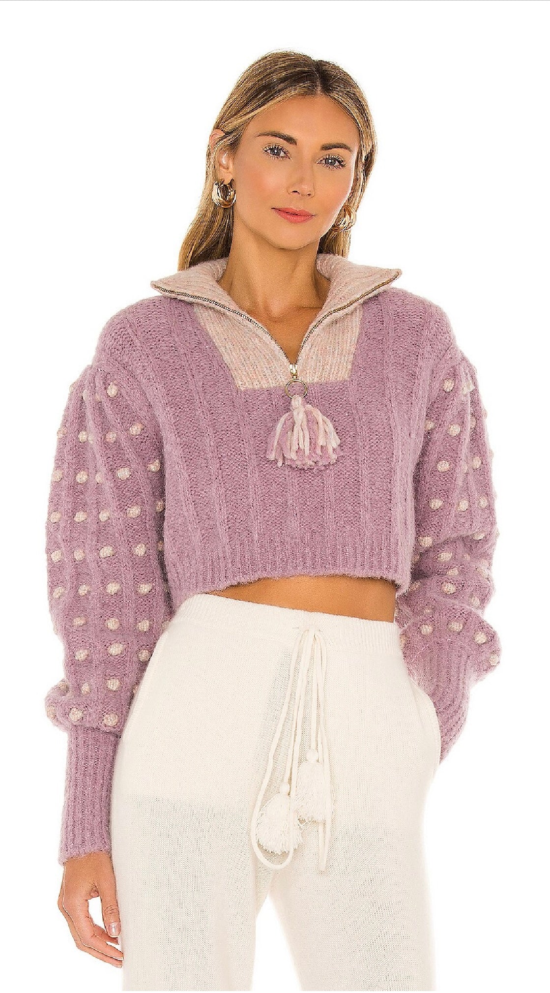 LoveShackFancy Jonae Cropped Mock Zip-Up Sweater, Small