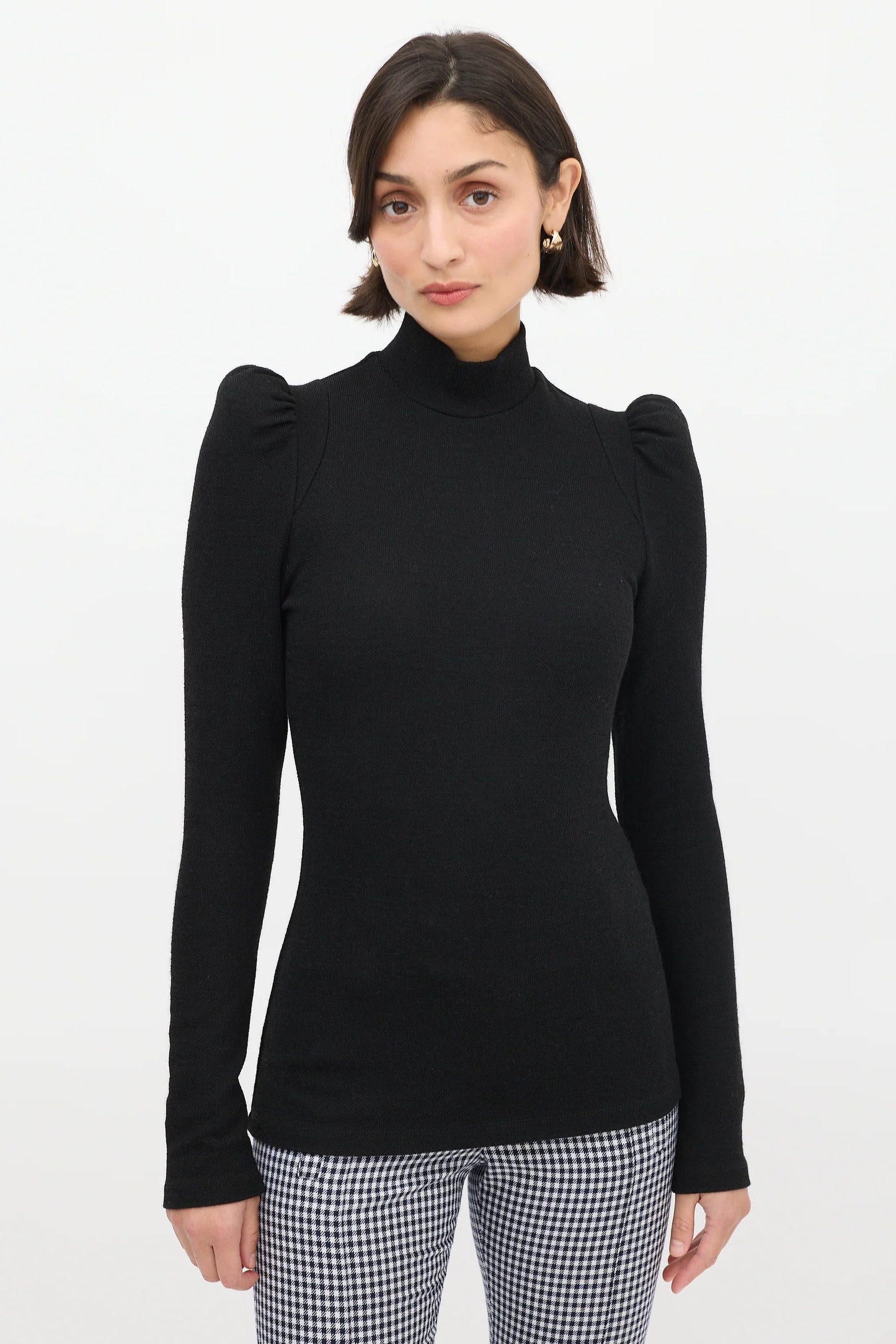Smythe Black Puff Sleeve Mock Neck Top, X-Small