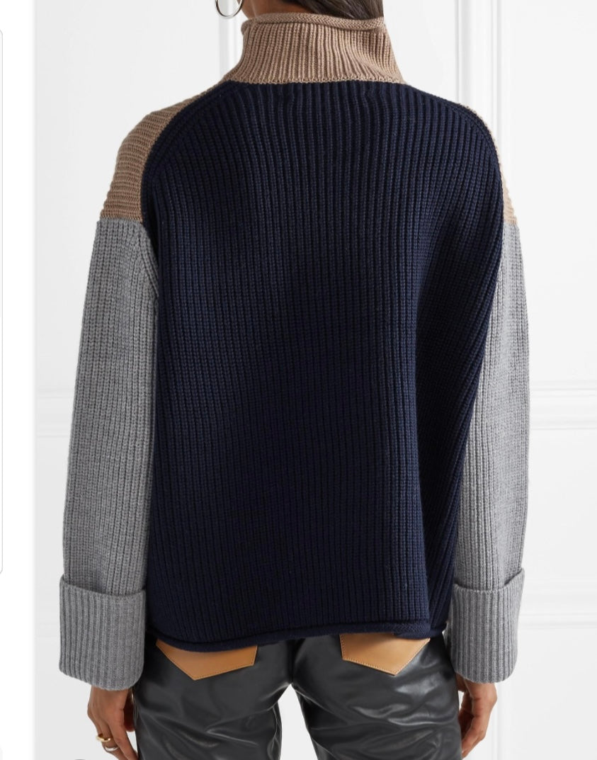 Victoria, Victoria Beckham
Women's Brown Color-block Ribbed Merino Wool Turtleneck Sweater,MEDIUM