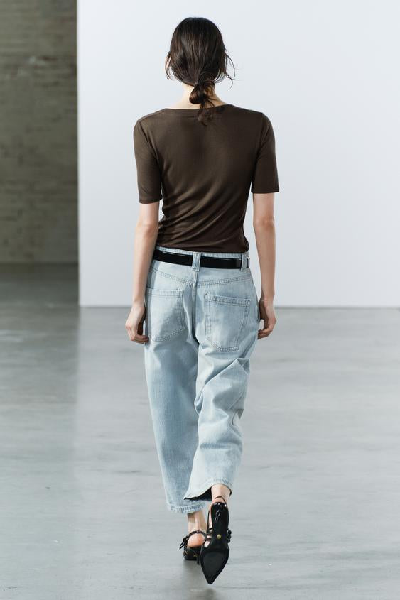 Zara BARREL LEG CROPPED MID WAIST JEANS ZW COLLECTION, medium