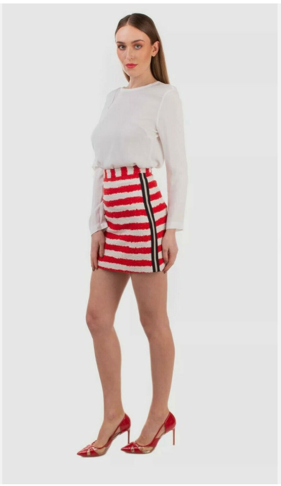 MSGM Mini Trapeze Tweed Cotton Skirt Red Black White, Size 44