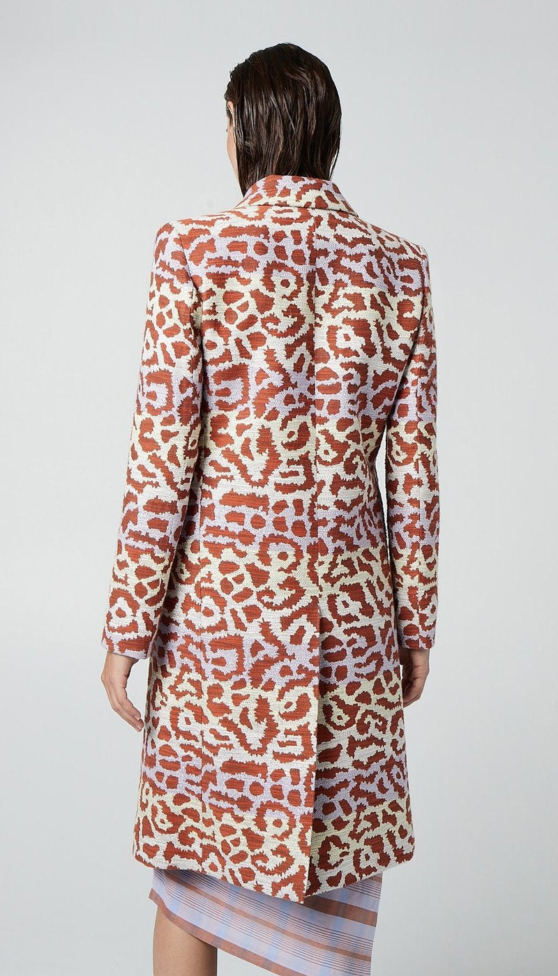 SMYTHE PEAKED lapel overcoat, lavender/rust leopard, SIZE 6