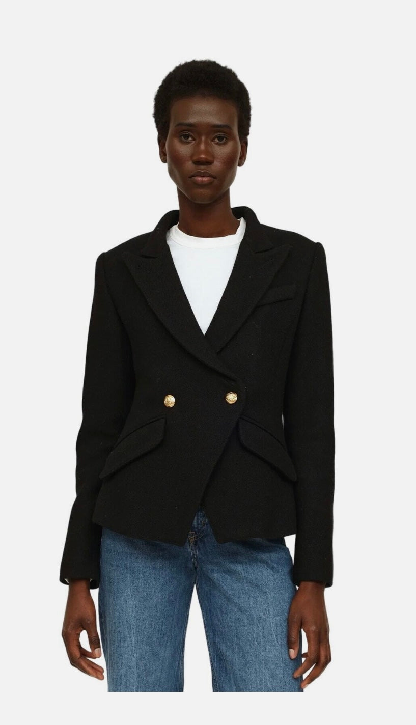 Smythe Wool Double Breasted Blazer Black Gold Crossover Jacket Size 6