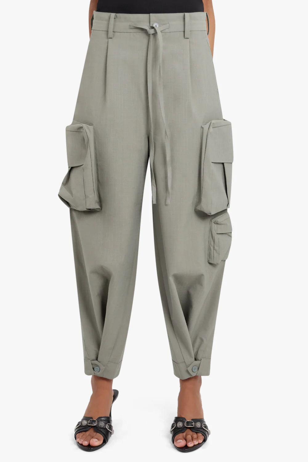 Y-3 WIDE LEG COTTON CARGO PANTS | STONE GREEN, SMALL FITS LIKE MEDIUM