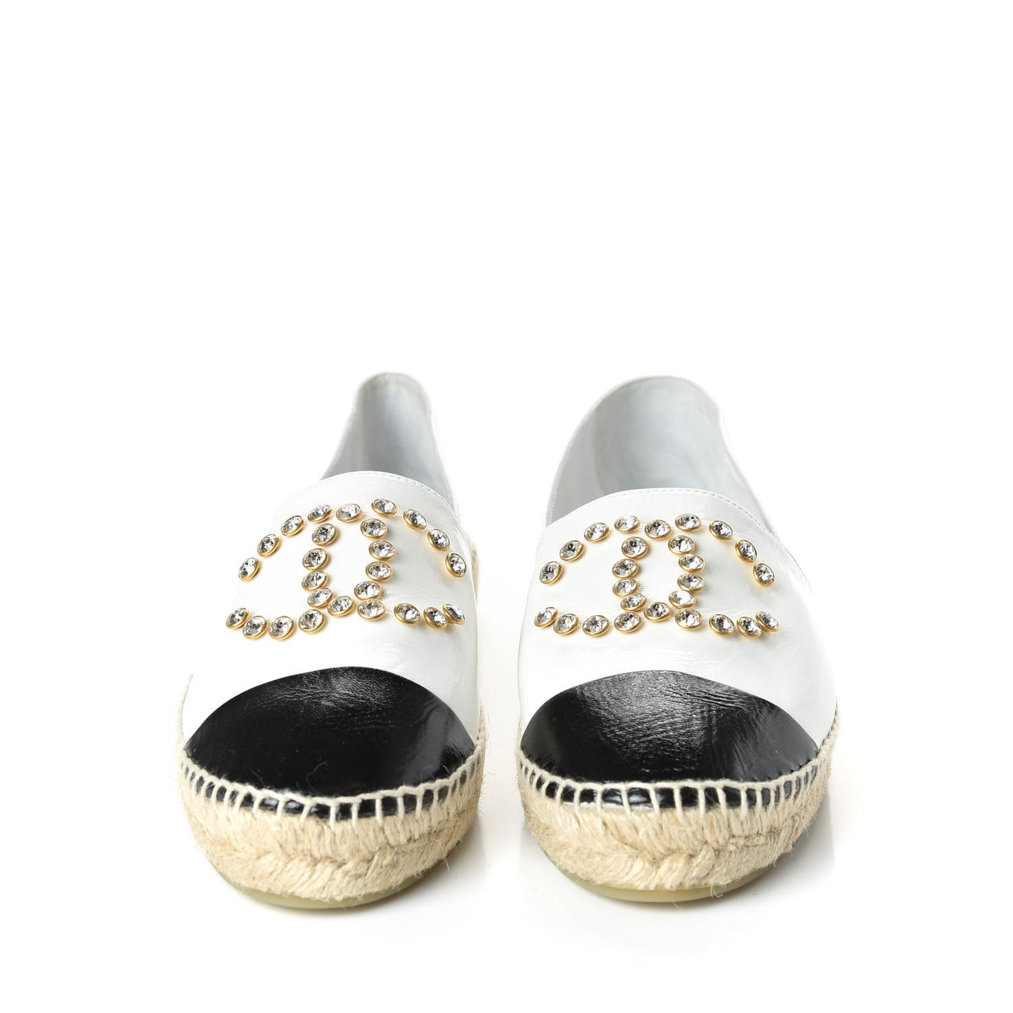 CHANEL Patent Calfskin Crystal CC Espadrilles White Black, Size 36.5
