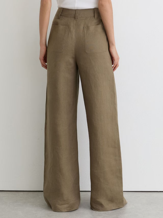 REISS NWT Ashby Linen Wide-Leg Trousers in Khaki, SIZE 6