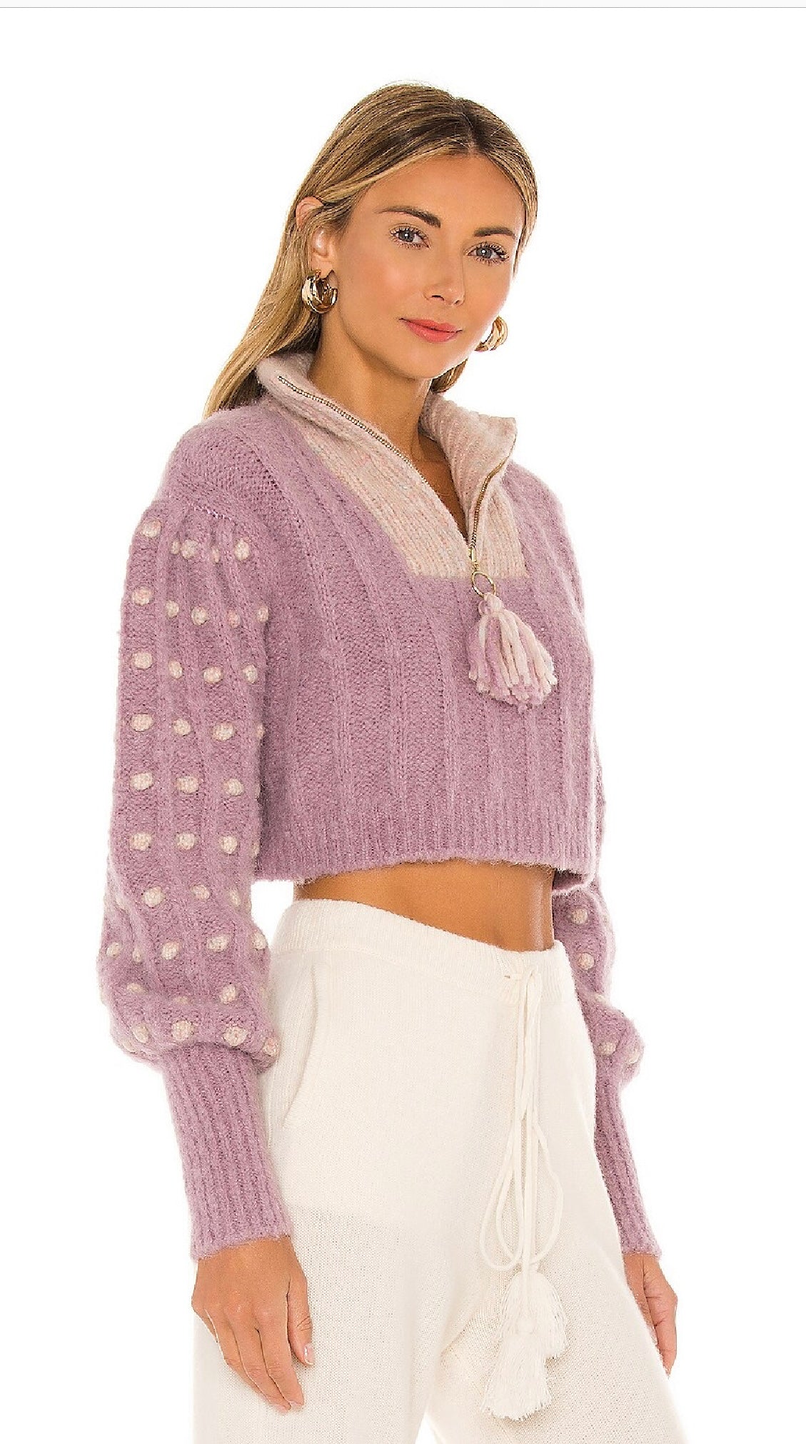 LoveShackFancy Jonae Cropped Mock Zip-Up Sweater, Small