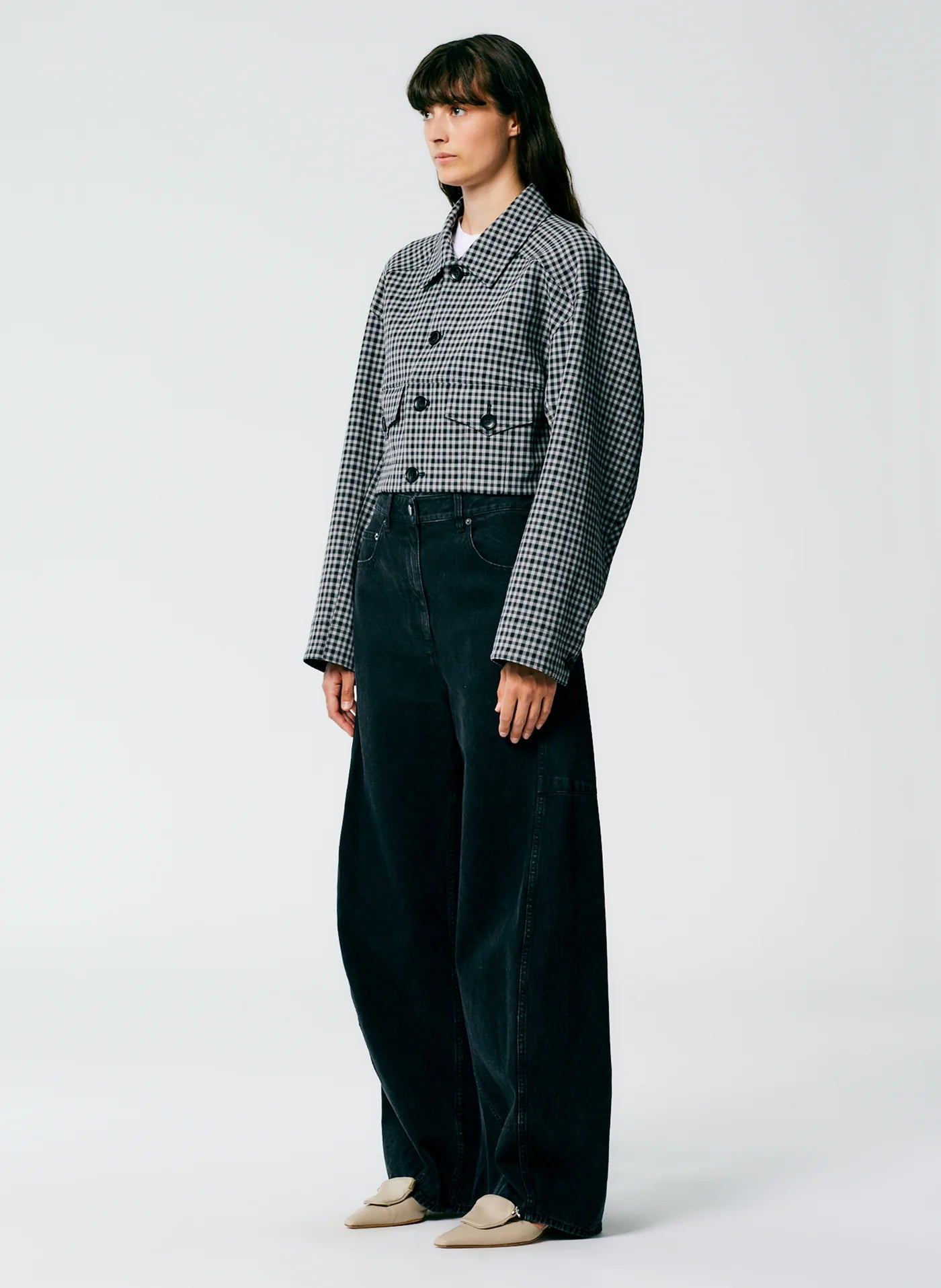 Tibi Double Faced Menswear Check Cropped Jean Jacket, Medium