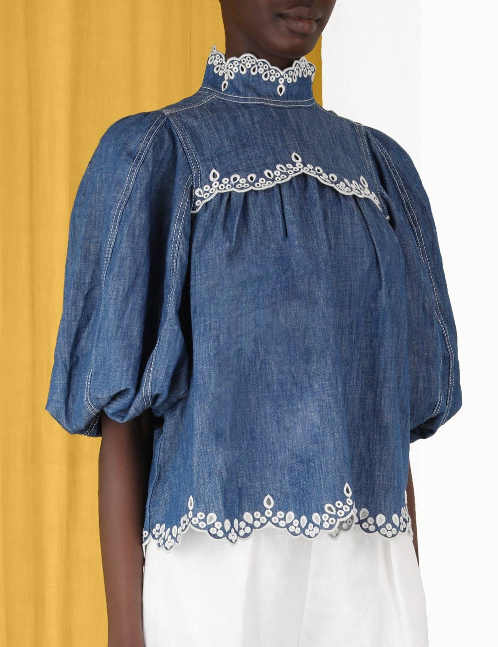 ZIMMERMANN NWT Laurel scallop denim embroidery blouse, SIZE AU 2 (MEDIUM)