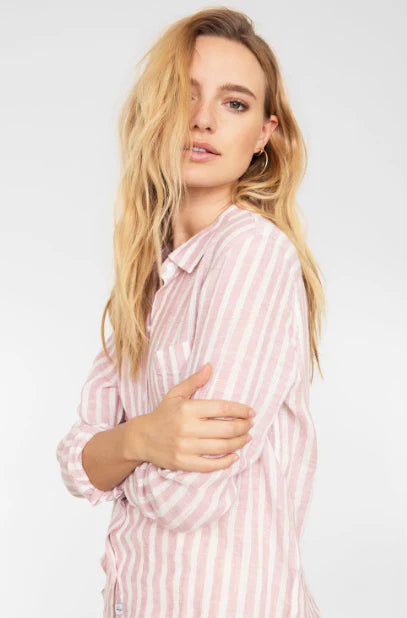 RAILS PINK WHITE STRIPED LINEN BLEND BUTTON SHIRT, SMALL