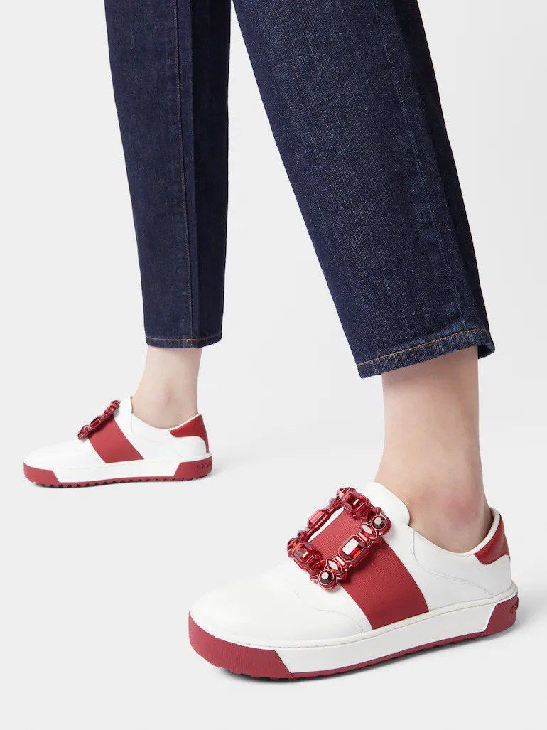 Roger Vivier Viv' Golf Very Vivier Strass Buckle Sneakers in Leather (Red x White), Size 36.5