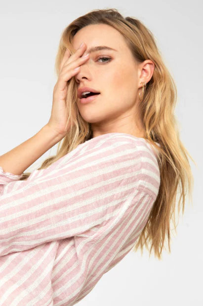 RAILS PINK WHITE STRIPED LINEN BLEND BUTTON SHIRT, SMALL