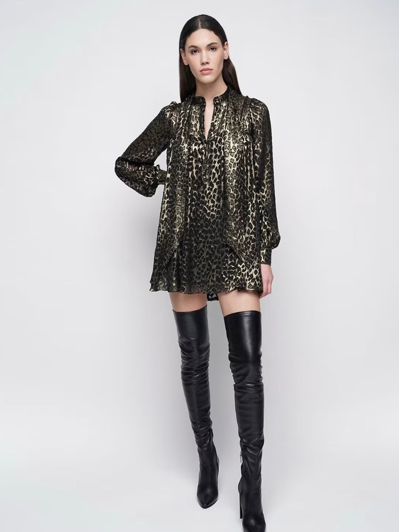 Saint Laurent
Tie Neck Metallic Leopard Print Dress, SIZE 8