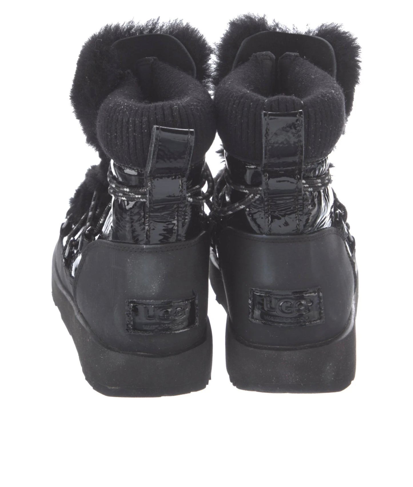 UGG WATERPROOF PATENT LEATHER COMBAT BOOTS, SIZE 6