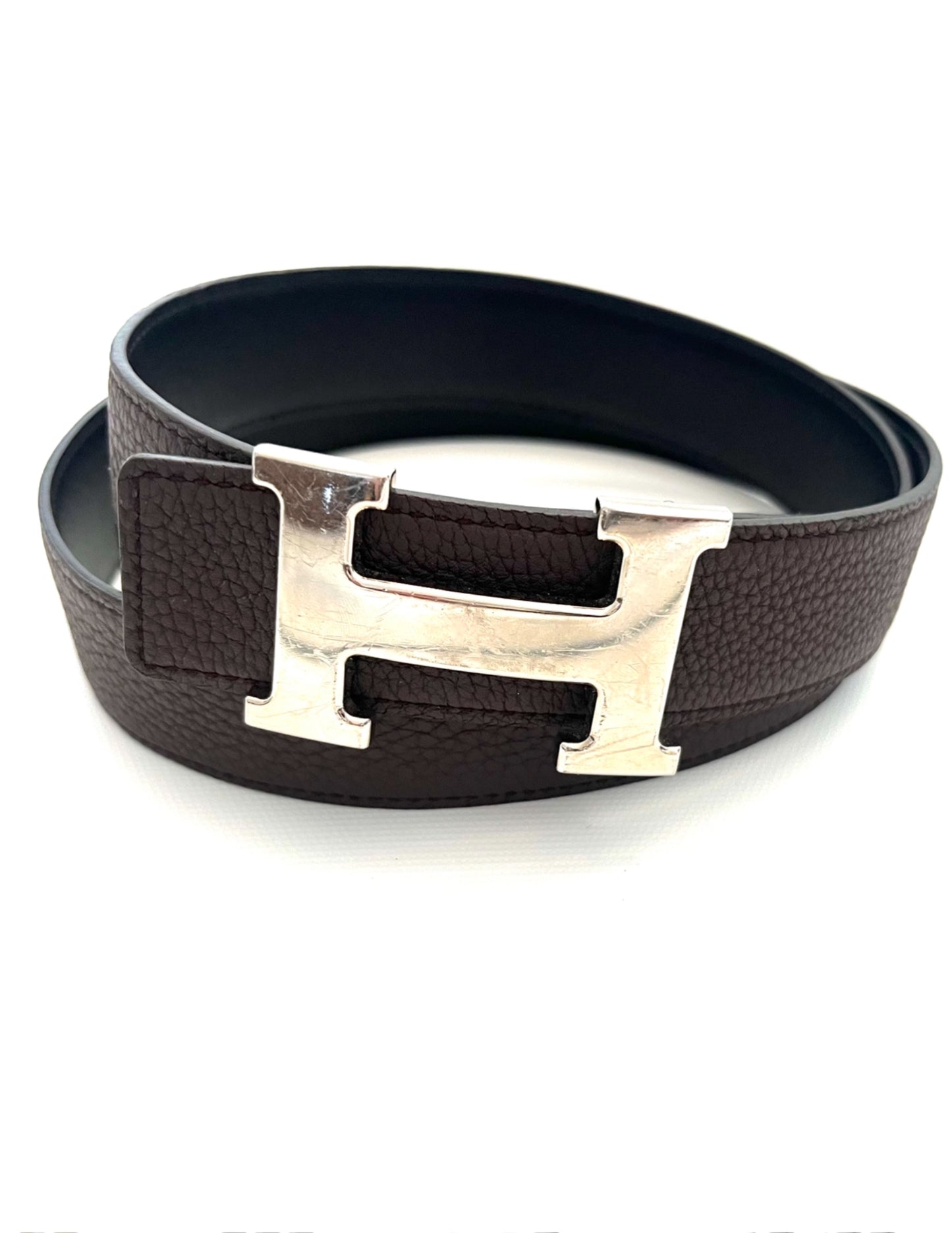 HERMES BLACK/BROWN REVERSIBLE LEATHER SILVER H BELT