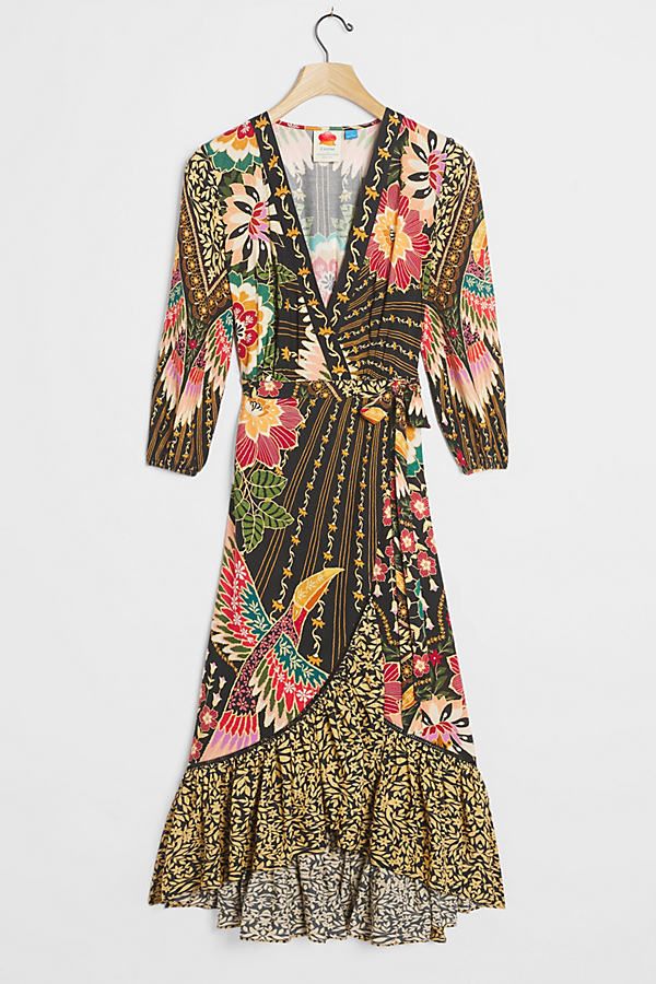 Farm Rio for Anthropologie Amorina Wrap Tropical Floral Maxi Dress, XSMALL