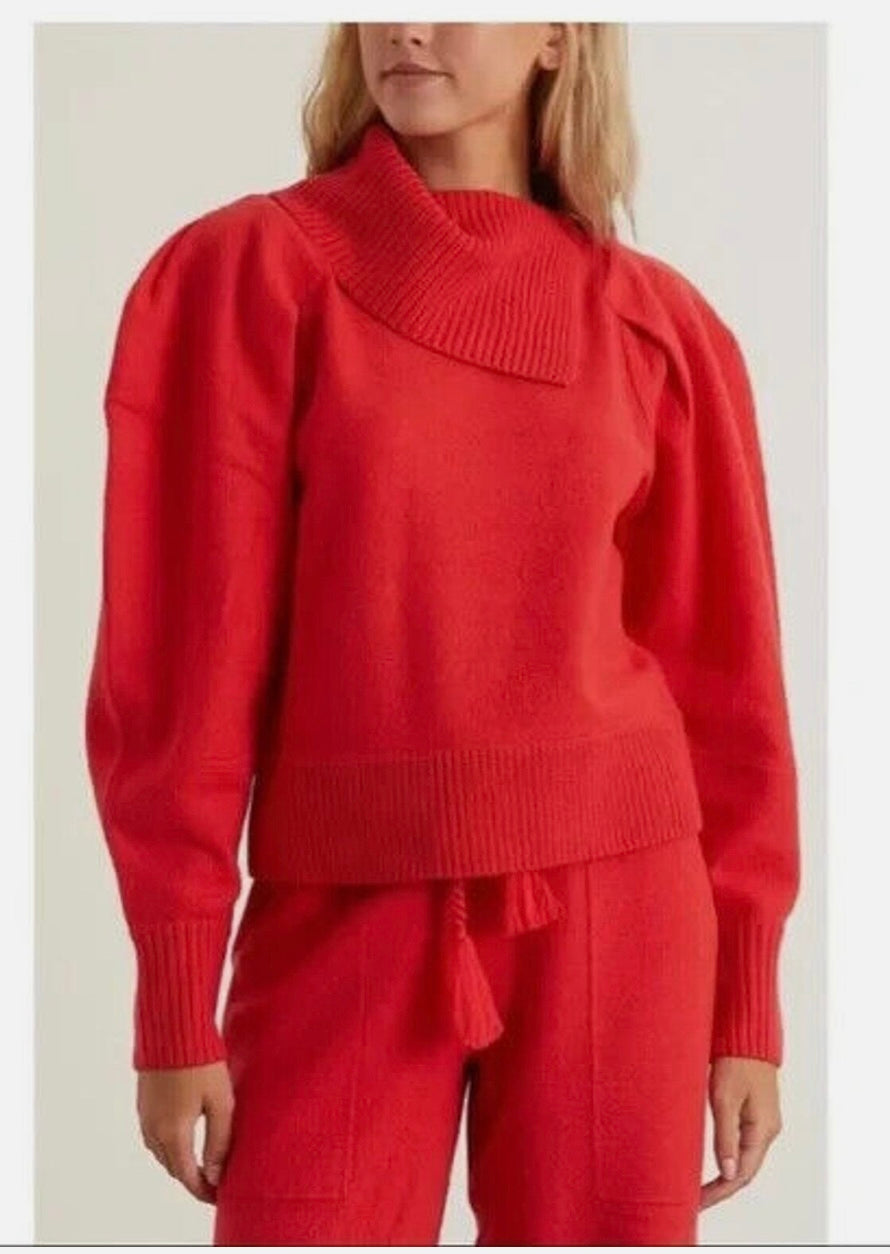 Ulla Johnson Womens Red 100% Merino Wool Riley Puff Sleeve Pullover Sweater, Petite