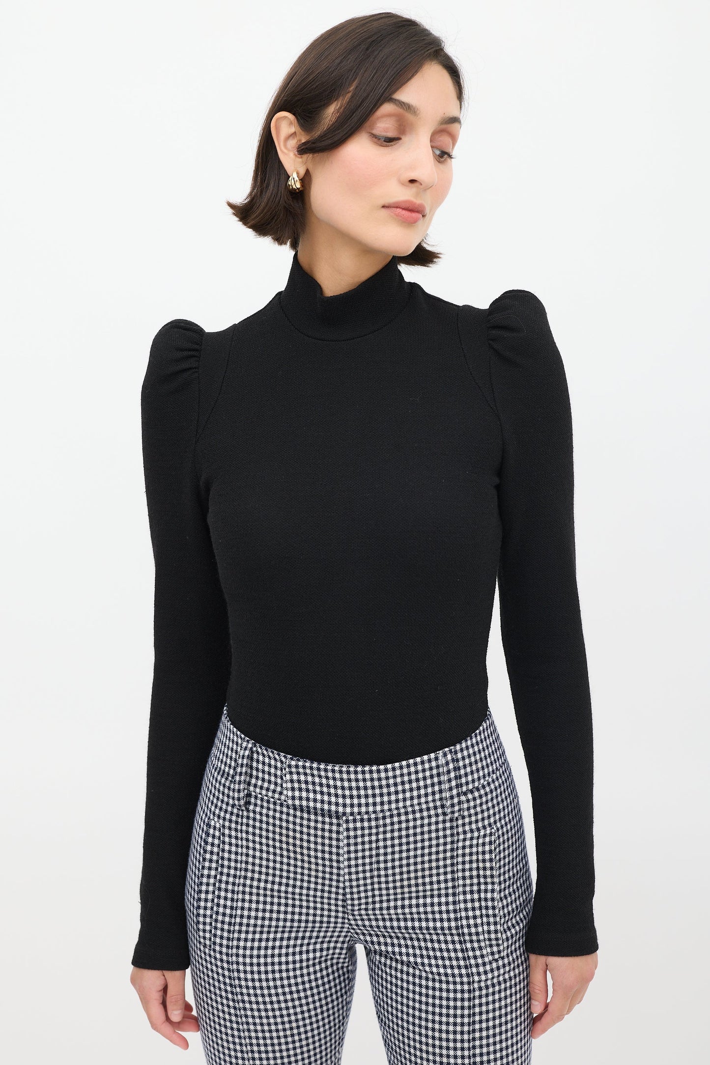 Smythe Black Puff Sleeve Mock Neck Top, X-Small