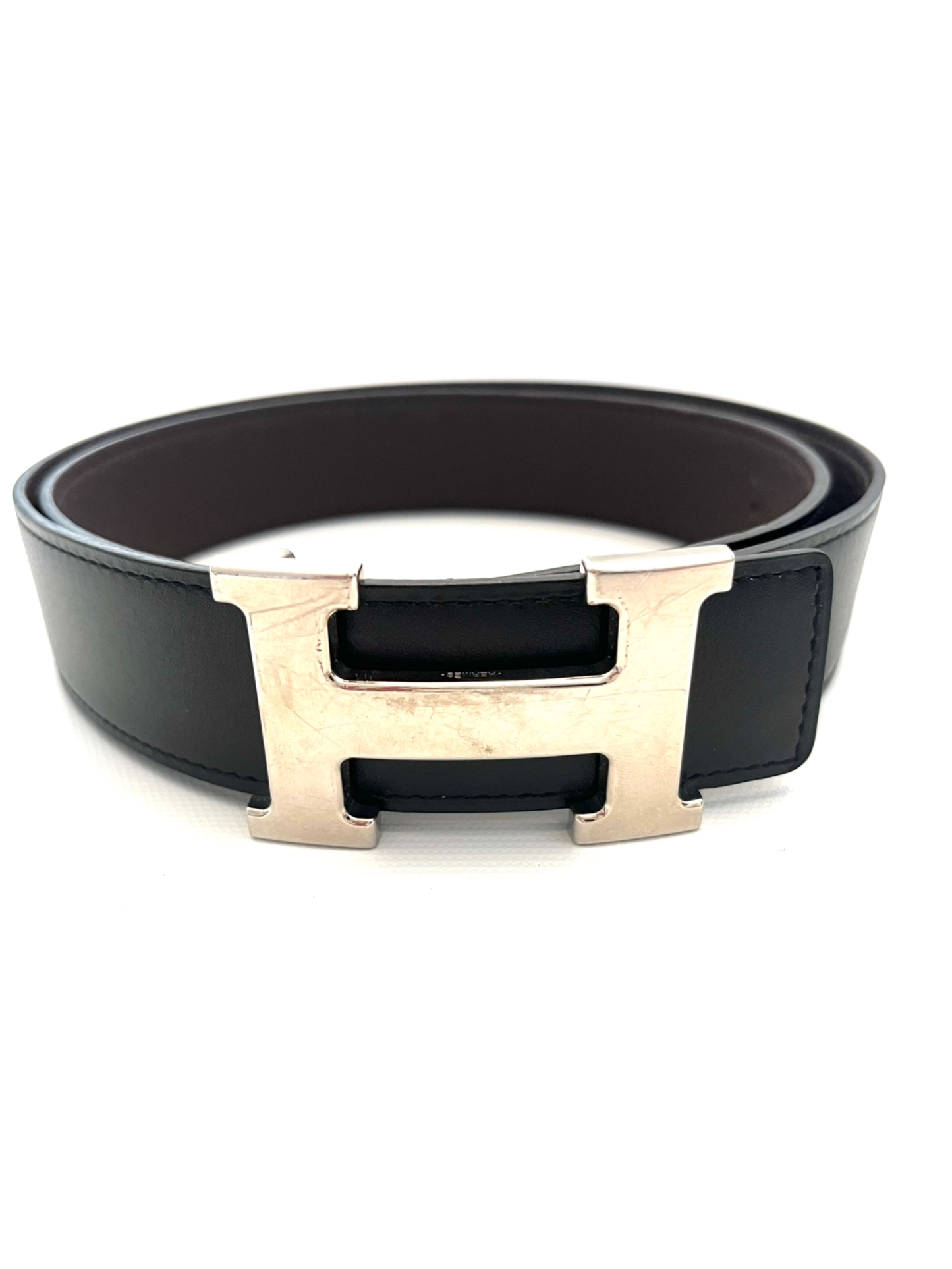HERMES BLACK/BROWN REVERSIBLE LEATHER SILVER H BELT