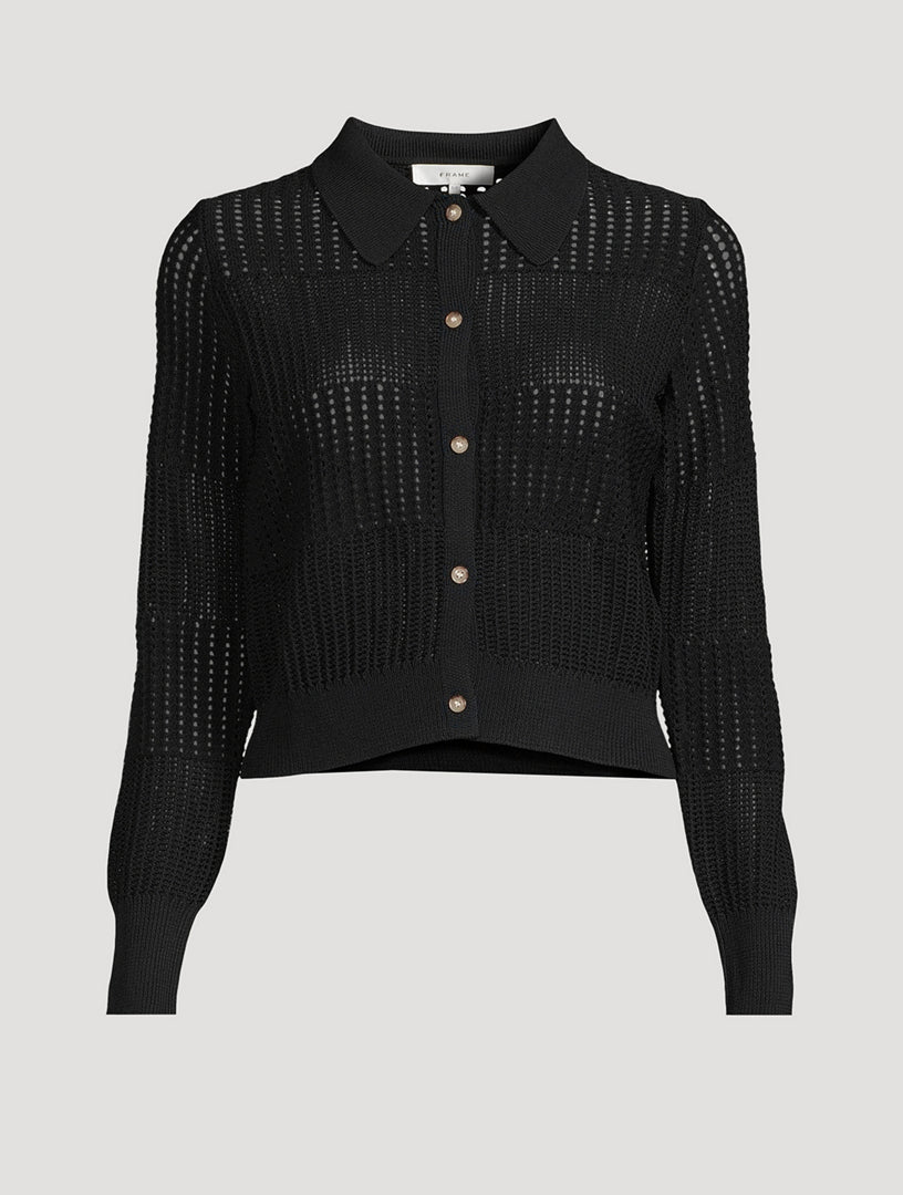FRAME Shrunken Crochet Polo Cardigan, Large
