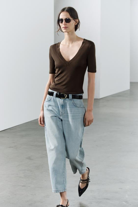 Zara BARREL LEG CROPPED MID WAIST JEANS ZW COLLECTION, medium