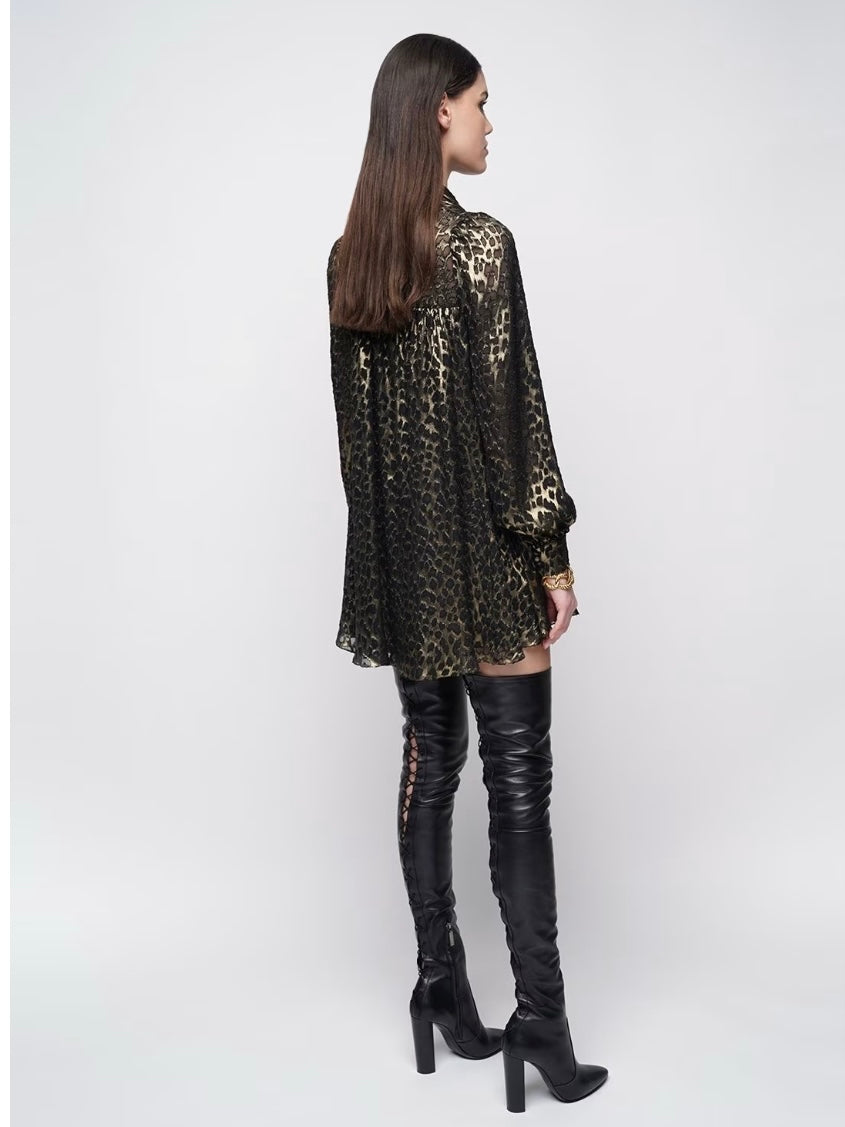 Saint Laurent
Tie Neck Metallic Leopard Print Dress, SIZE 8