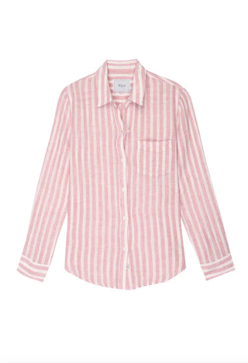 RAILS PINK WHITE STRIPED LINEN BLEND BUTTON SHIRT, SMALL