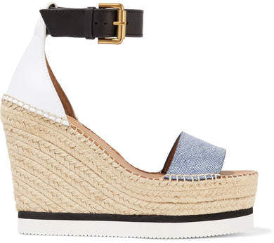 See by Chloe Denim And Leather Espadrille Wedge Sandals - Light denim, Size 38