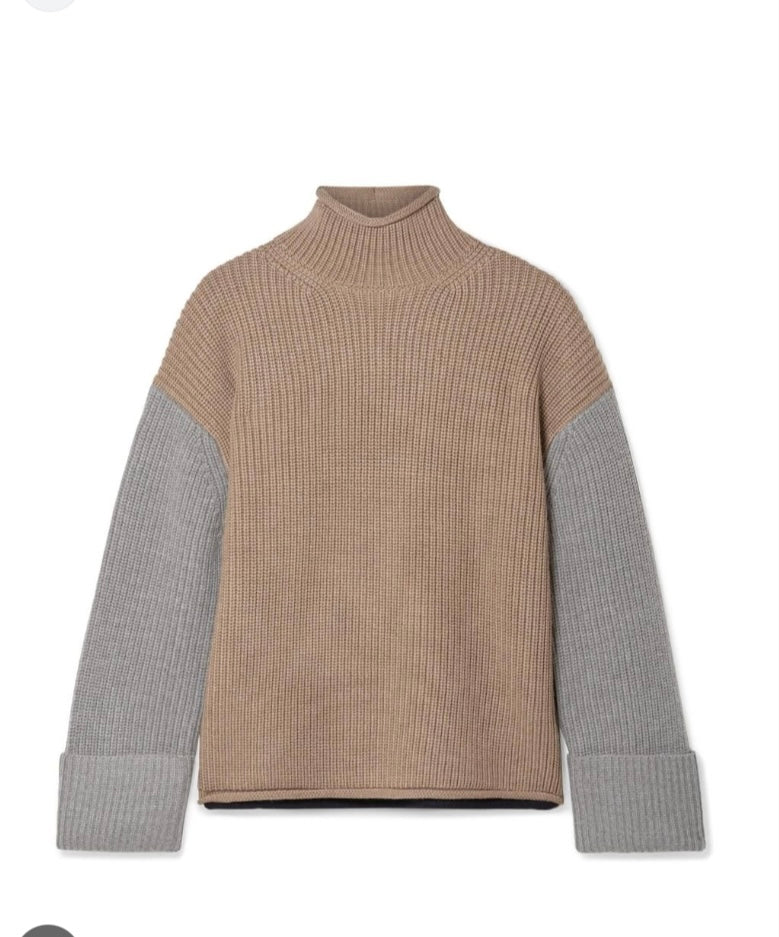 Victoria, Victoria Beckham
Women's Brown Color-block Ribbed Merino Wool Turtleneck Sweater,MEDIUM