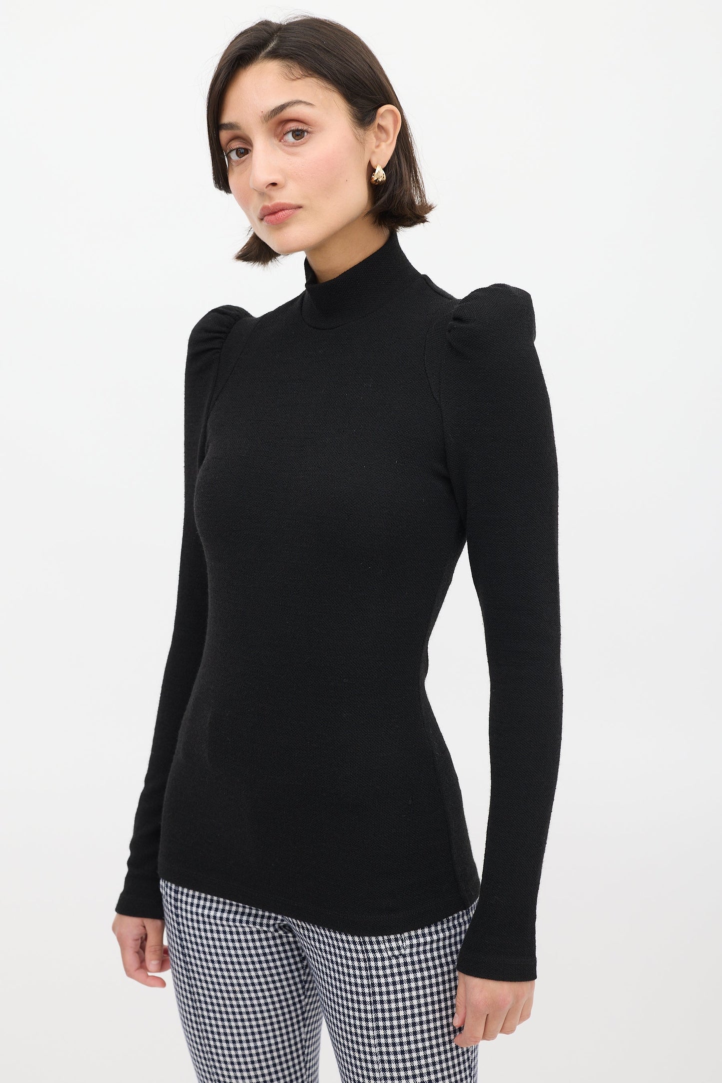Smythe Black Puff Sleeve Mock Neck Top, X-Small
