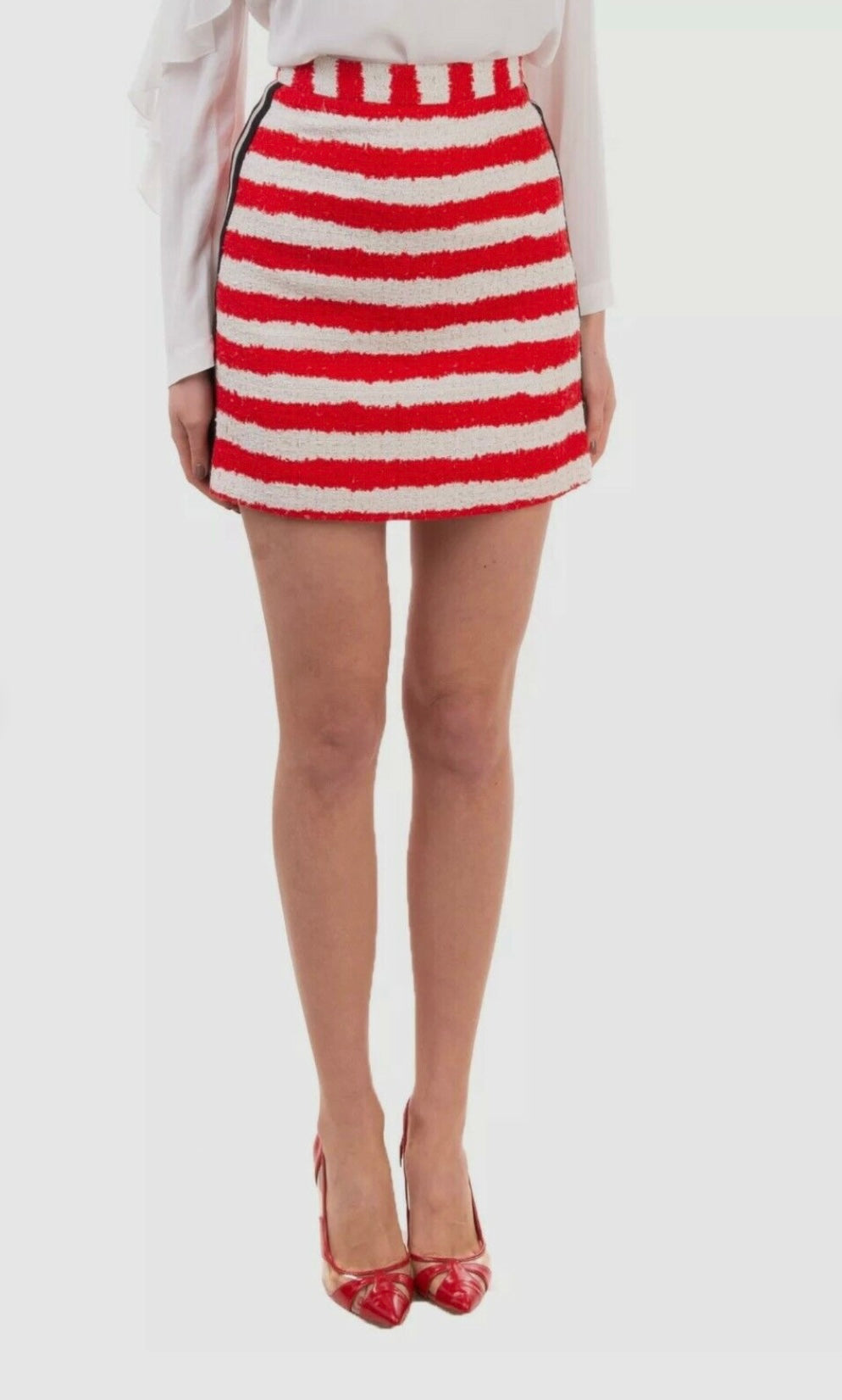 MSGM Mini Trapeze Tweed Cotton Skirt Red Black White, Size 44