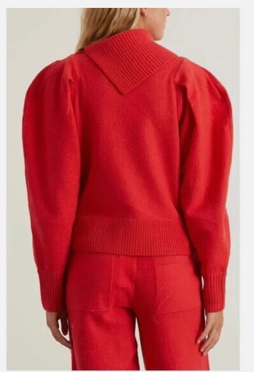 Ulla Johnson Womens Red 100% Merino Wool Riley Puff Sleeve Pullover Sweater, Petite