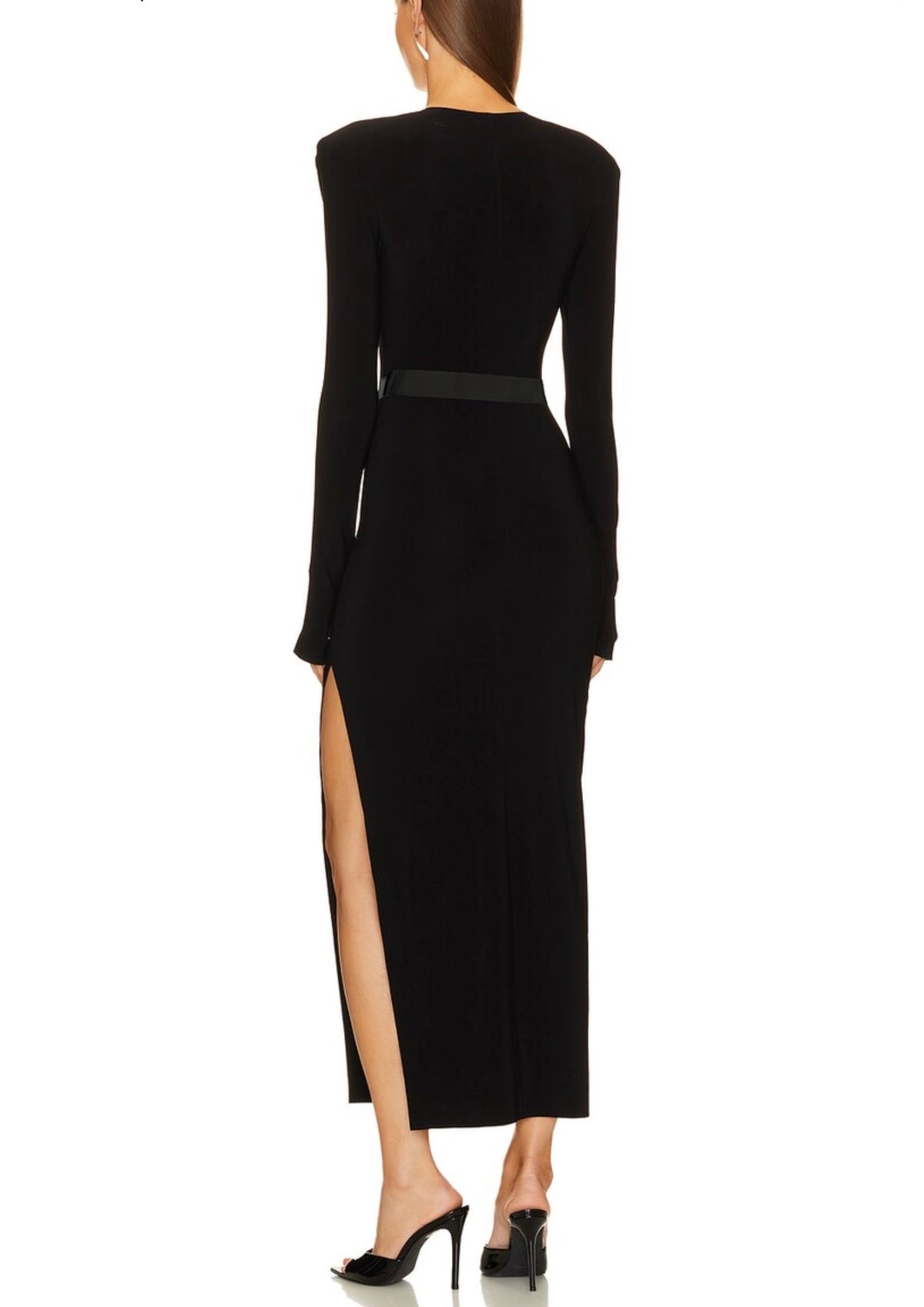 NORMA KAMALI Long Sleeve Shoulder Pad Side Slit Gown, XSMALL