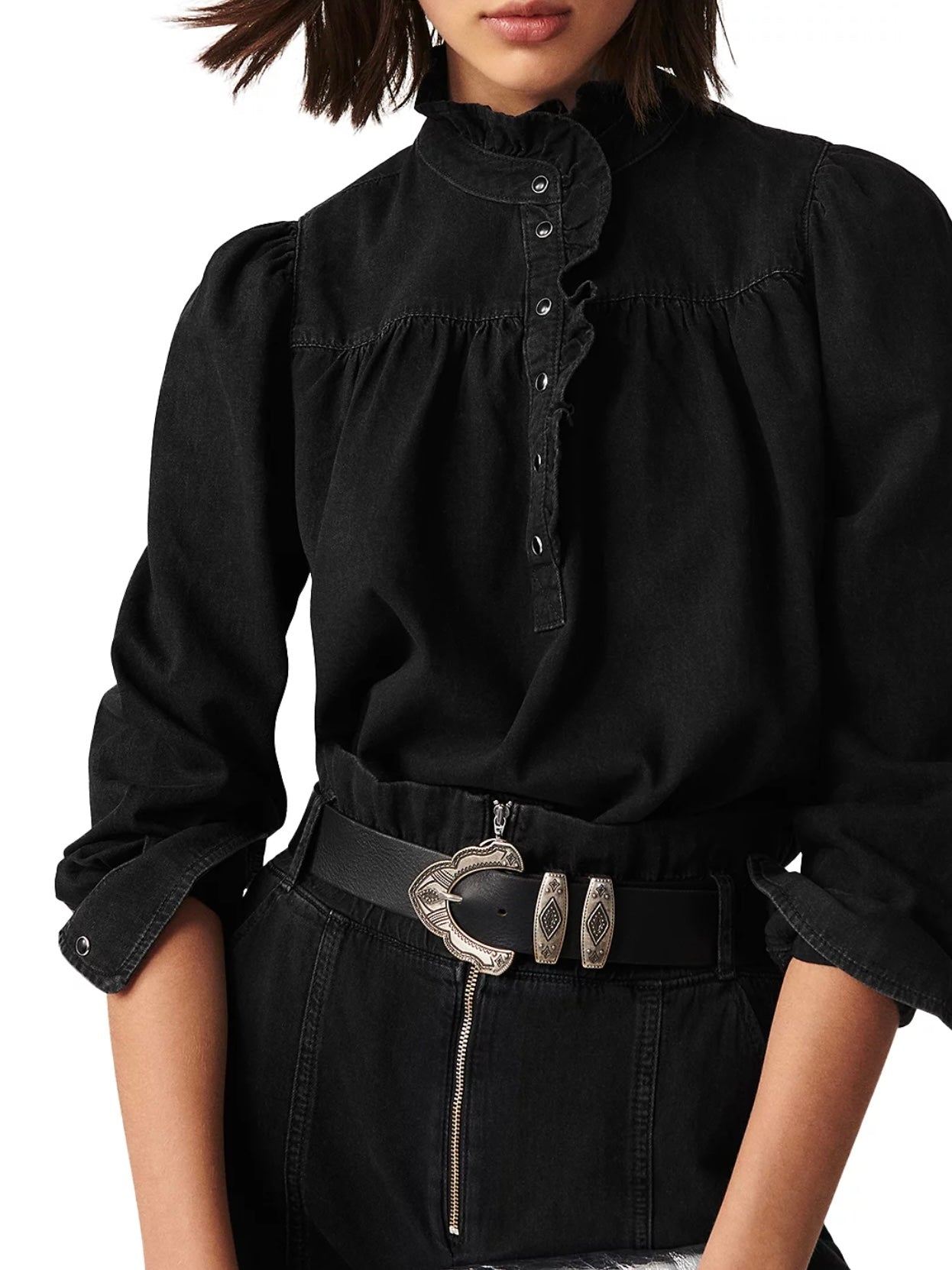 ba&sh Milac Denim Ruffle Blouse, SIZE 1 Small